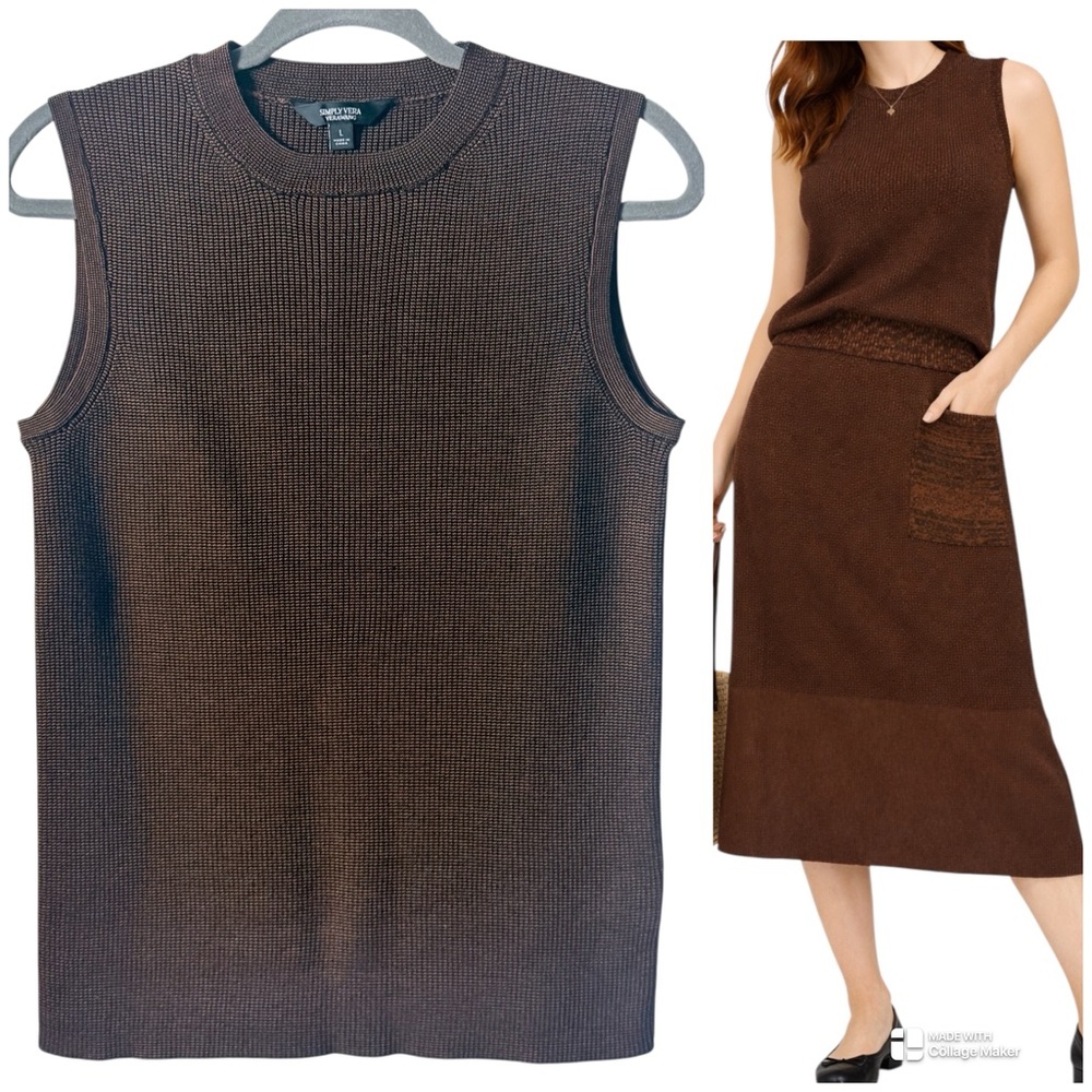 Simply Vera Wang Brown Knit Sleeveless Top Textured Stretch Size L